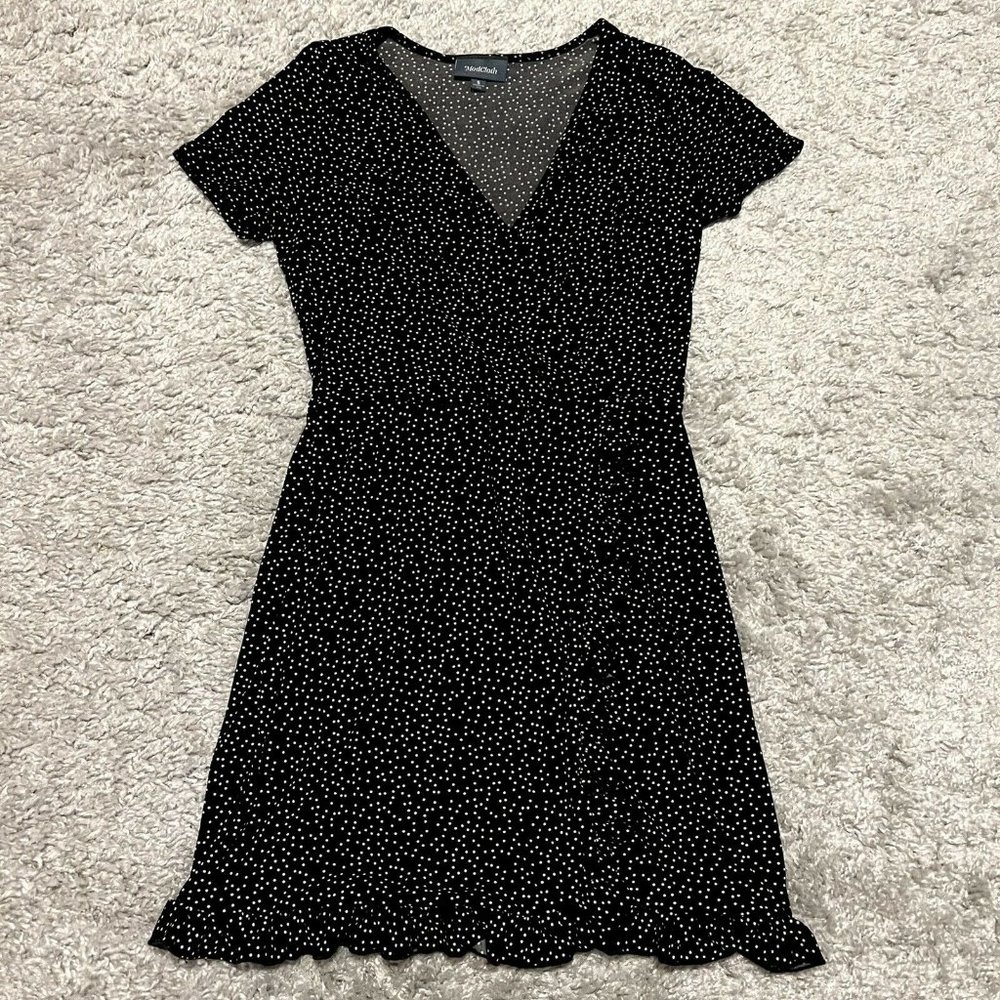 Modcloth Black White Polka Dot Faux Wrap Ruffle Mini Dress - Womens sz S
